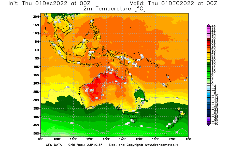Mappa di analisi GFS - Temperatura a 2 metri dal suolo [°C] in Oceania
							del 01/12/2022 00 <!--googleoff: index-->UTC<!--googleon: index-->