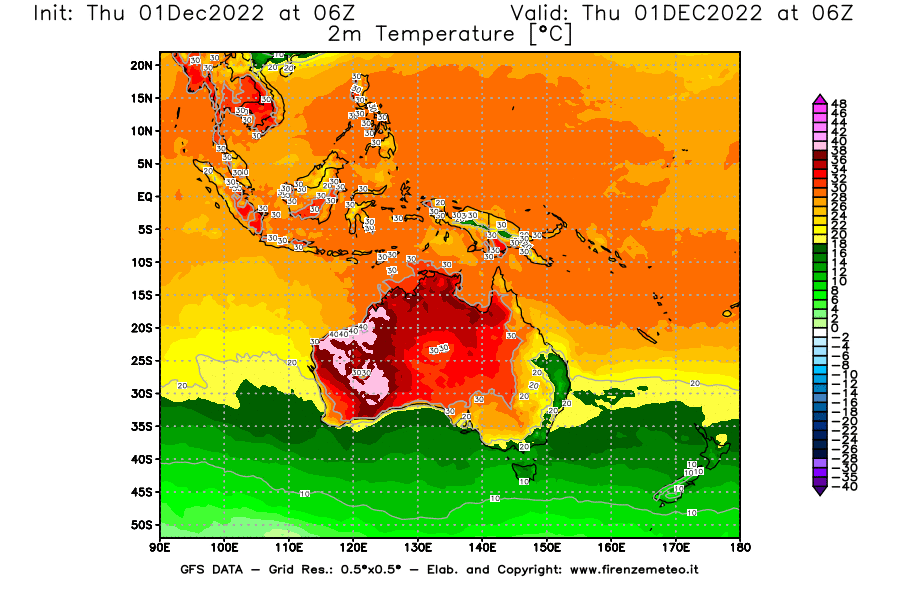 Mappa di analisi GFS - Temperatura a 2 metri dal suolo [°C] in Oceania
							del 01/12/2022 06 <!--googleoff: index-->UTC<!--googleon: index-->