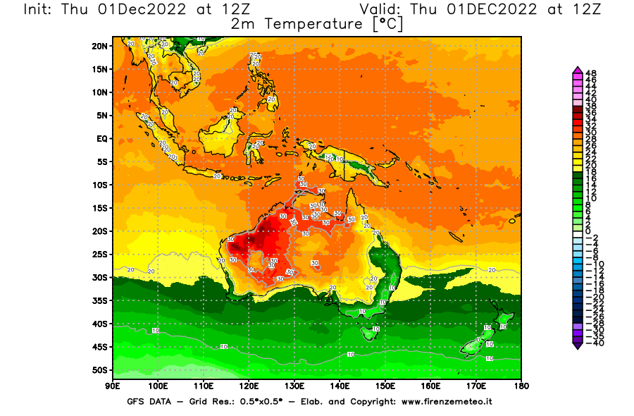 Mappa di analisi GFS - Temperatura a 2 metri dal suolo [°C] in Oceania
							del 01/12/2022 12 <!--googleoff: index-->UTC<!--googleon: index-->
