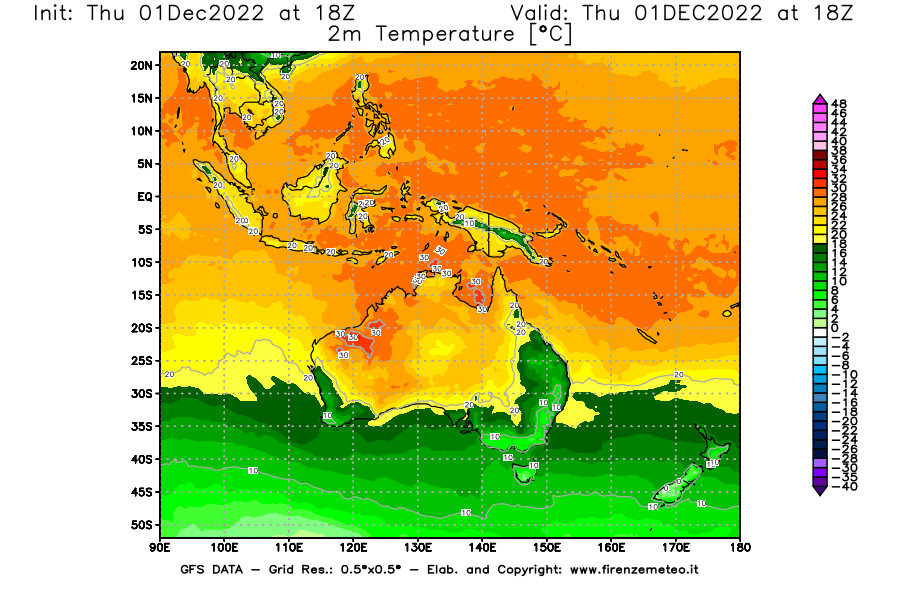 Mappa di analisi GFS - Temperatura a 2 metri dal suolo [°C] in Oceania
							del 01/12/2022 18 <!--googleoff: index-->UTC<!--googleon: index-->