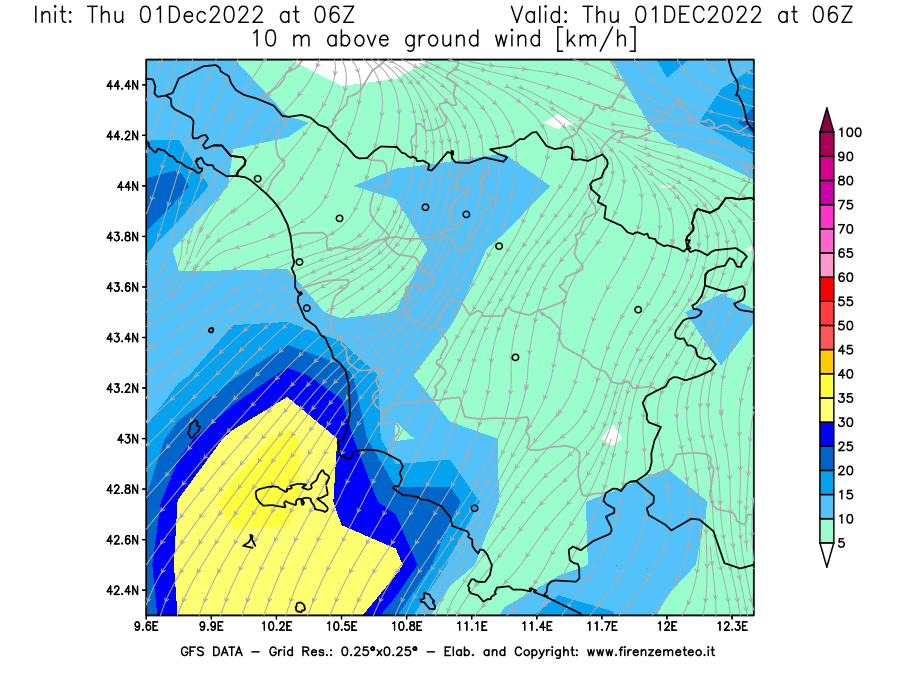 Mappa di analisi GFS - Velocità del vento a 10 metri dal suolo [km/h] in Toscana
							del 01/12/2022 06 <!--googleoff: index-->UTC<!--googleon: index-->