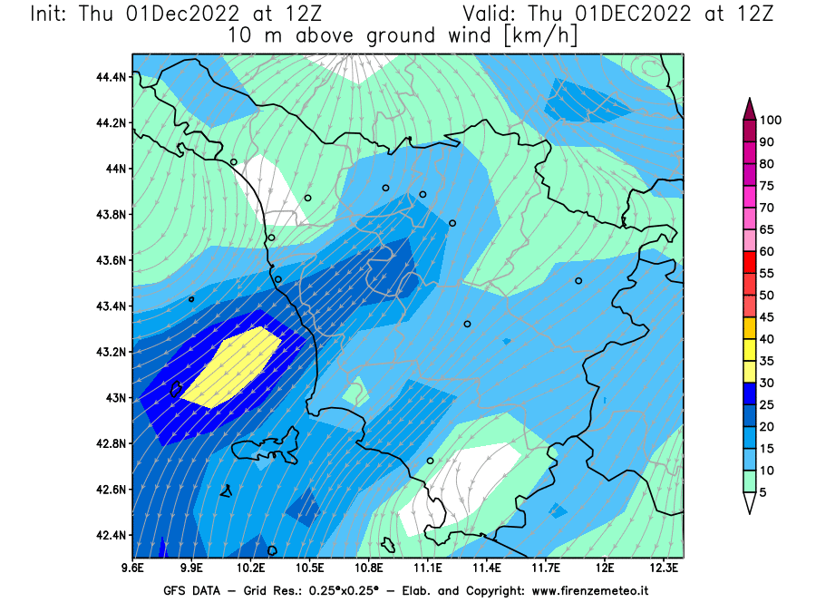 Mappa di analisi GFS - Velocità del vento a 10 metri dal suolo [km/h] in Toscana
							del 01/12/2022 12 <!--googleoff: index-->UTC<!--googleon: index-->