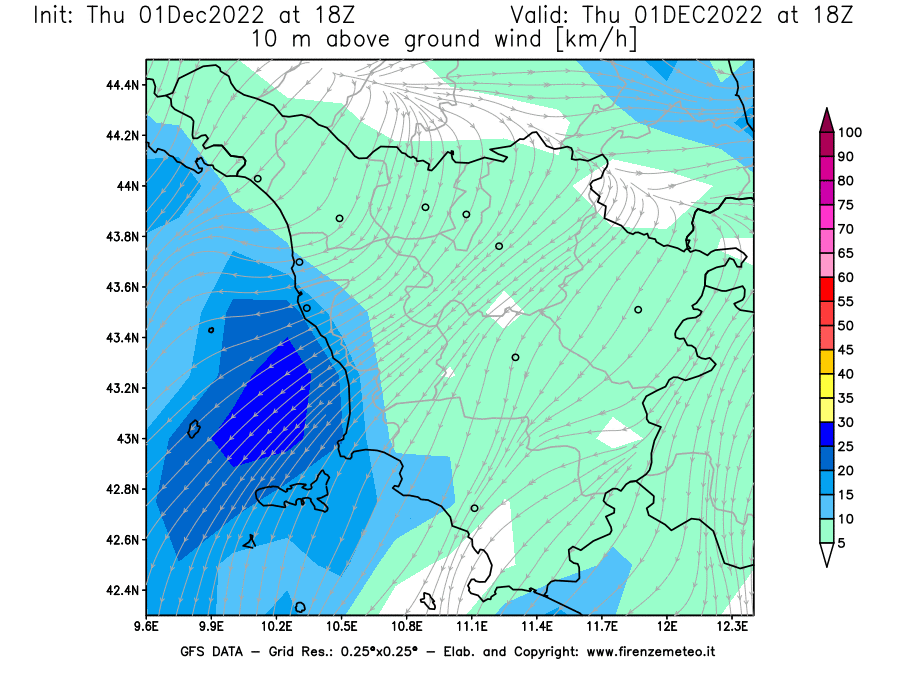 Mappa di analisi GFS - Velocità del vento a 10 metri dal suolo [km/h] in Toscana
							del 01/12/2022 18 <!--googleoff: index-->UTC<!--googleon: index-->