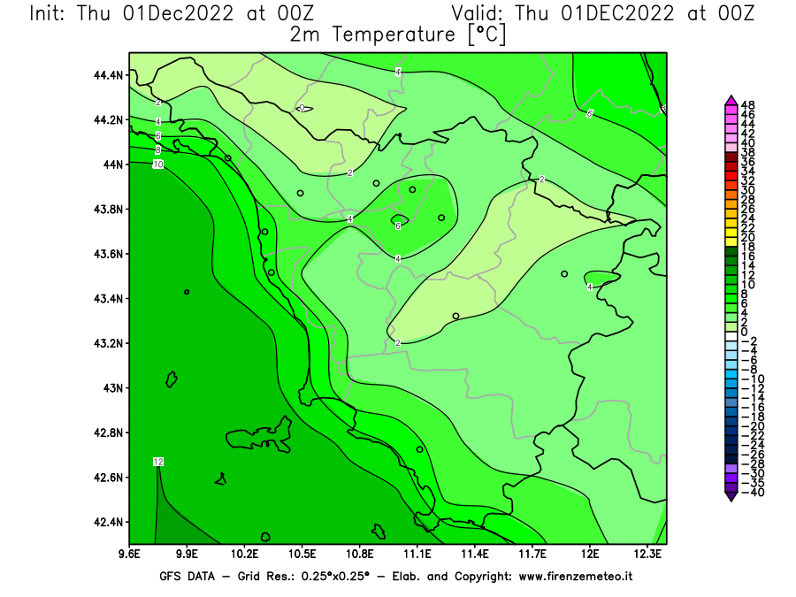 Mappa di analisi GFS - Temperatura a 2 metri dal suolo [°C] in Toscana
							del 01/12/2022 00 <!--googleoff: index-->UTC<!--googleon: index-->