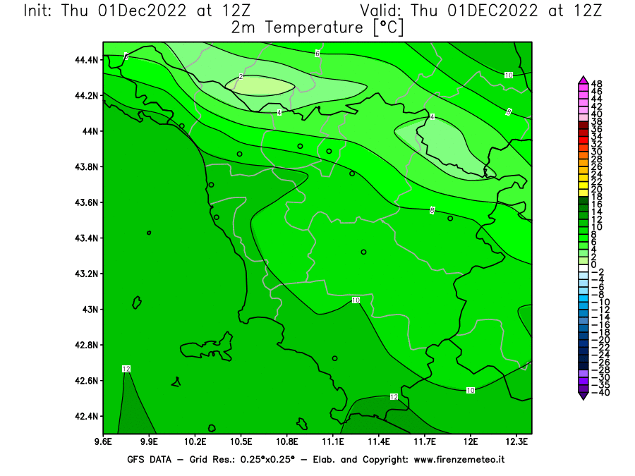 Mappa di analisi GFS - Temperatura a 2 metri dal suolo [°C] in Toscana
							del 01/12/2022 12 <!--googleoff: index-->UTC<!--googleon: index-->