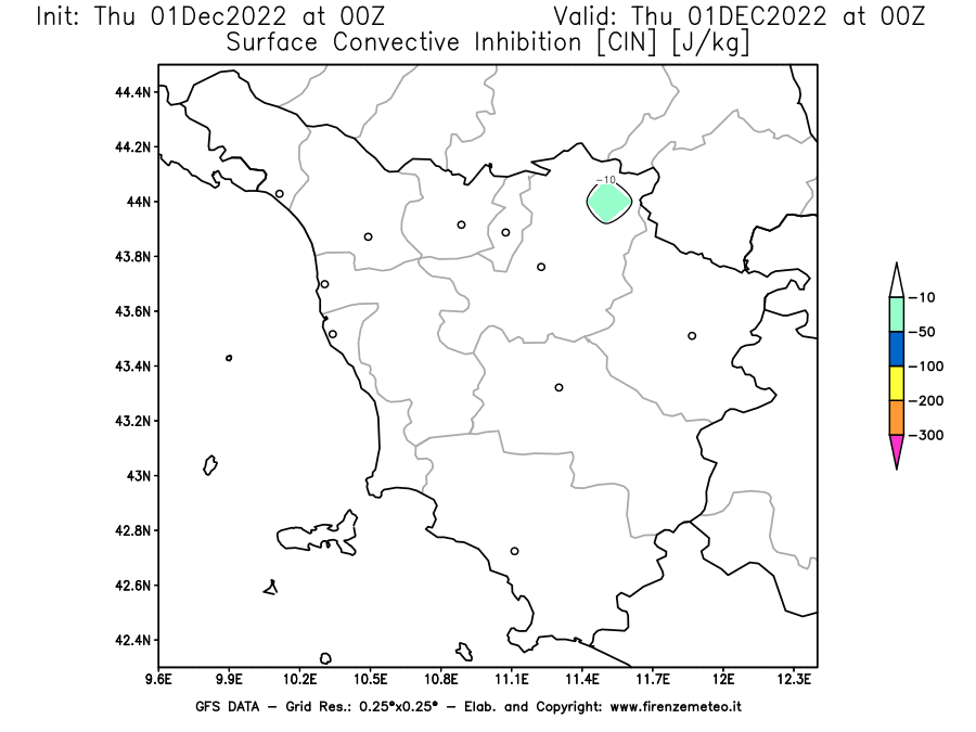 Mappa di analisi GFS - CIN [J/kg] in Toscana
							del 01/12/2022 00 <!--googleoff: index-->UTC<!--googleon: index-->