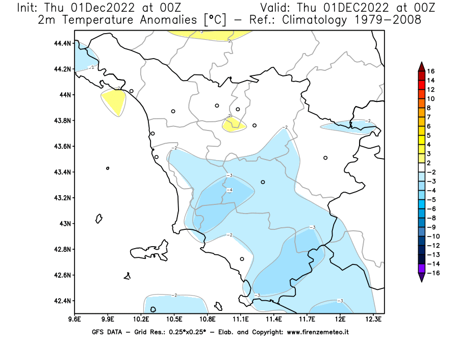 Mappa di analisi GFS - Anomalia Temperatura [°C] a 2 m in Toscana
							del 01/12/2022 00 <!--googleoff: index-->UTC<!--googleon: index-->