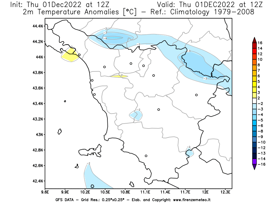 Mappa di analisi GFS - Anomalia Temperatura [°C] a 2 m in Toscana
							del 01/12/2022 12 <!--googleoff: index-->UTC<!--googleon: index-->
