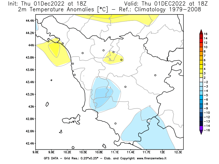 Mappa di analisi GFS - Anomalia Temperatura [°C] a 2 m in Toscana
							del 01/12/2022 18 <!--googleoff: index-->UTC<!--googleon: index-->