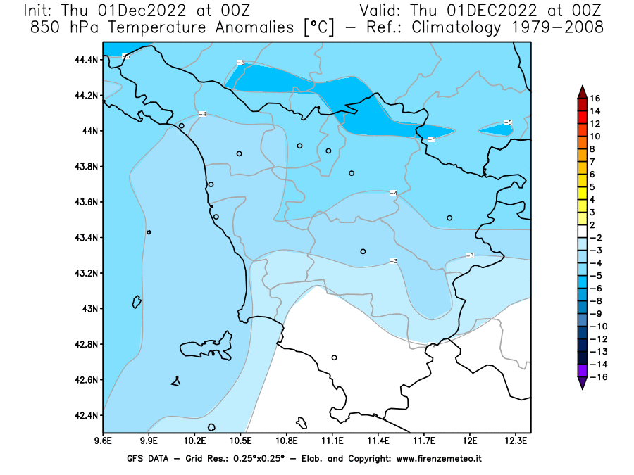 Mappa di analisi GFS - Anomalia Temperatura [°C] a 850 hPa in Toscana
							del 01/12/2022 00 <!--googleoff: index-->UTC<!--googleon: index-->
