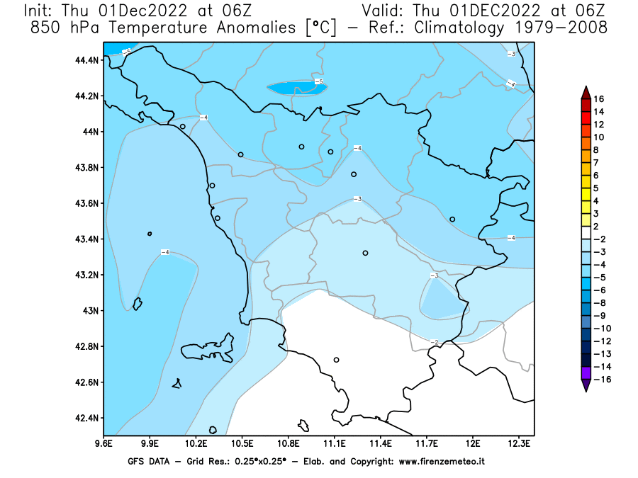 Mappa di analisi GFS - Anomalia Temperatura [°C] a 850 hPa in Toscana
							del 01/12/2022 06 <!--googleoff: index-->UTC<!--googleon: index-->