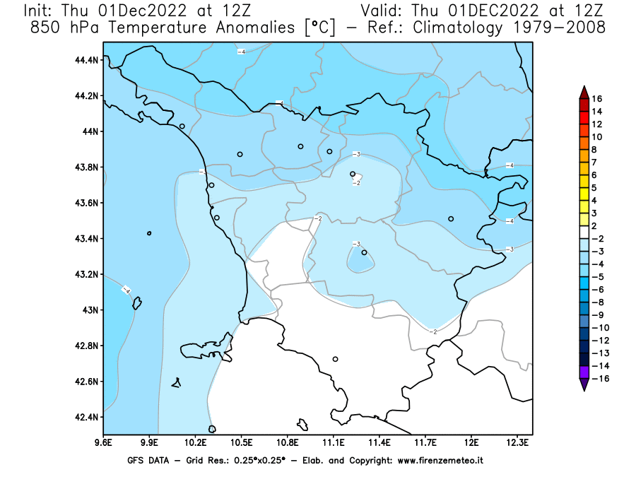 Mappa di analisi GFS - Anomalia Temperatura [°C] a 850 hPa in Toscana
							del 01/12/2022 12 <!--googleoff: index-->UTC<!--googleon: index-->
