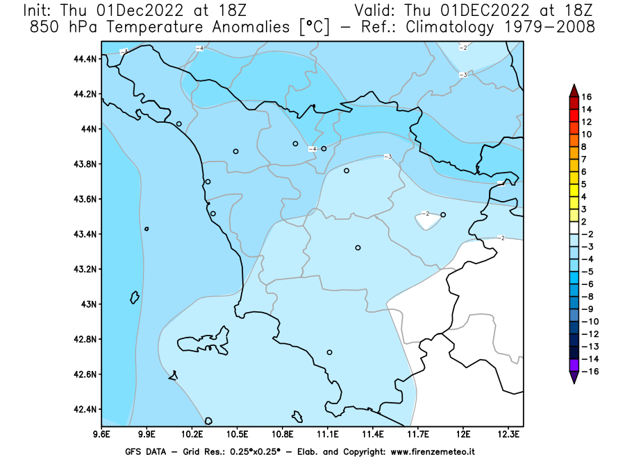 Mappa di analisi GFS - Anomalia Temperatura [°C] a 850 hPa in Toscana
							del 01/12/2022 18 <!--googleoff: index-->UTC<!--googleon: index-->