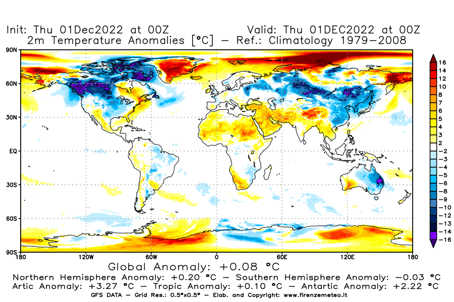 Mappa di analisi GFS - Anomalia Temperatura [°C] a 2 m in World
							del 01/12/2022 00 <!--googleoff: index-->UTC<!--googleon: index-->