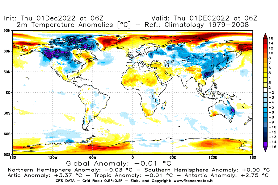Mappa di analisi GFS - Anomalia Temperatura [°C] a 2 m in World
							del 01/12/2022 06 <!--googleoff: index-->UTC<!--googleon: index-->