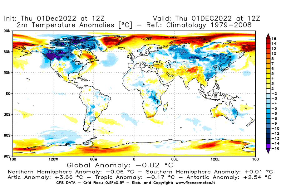Mappa di analisi GFS - Anomalia Temperatura [°C] a 2 m in World
							del 01/12/2022 12 <!--googleoff: index-->UTC<!--googleon: index-->