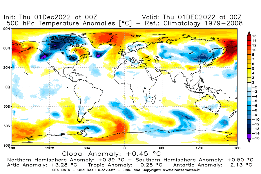 Mappa di analisi GFS - Anomalia Temperatura [°C] a 500 hPa in World
							del 01/12/2022 00 <!--googleoff: index-->UTC<!--googleon: index-->