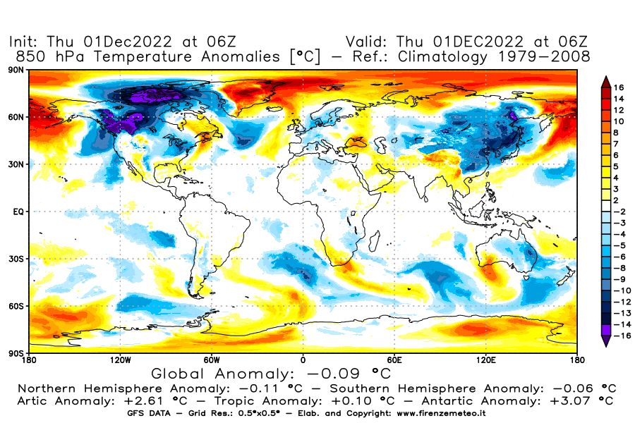 Mappa di analisi GFS - Anomalia Temperatura [°C] a 850 hPa in World
							del 01/12/2022 06 <!--googleoff: index-->UTC<!--googleon: index-->
