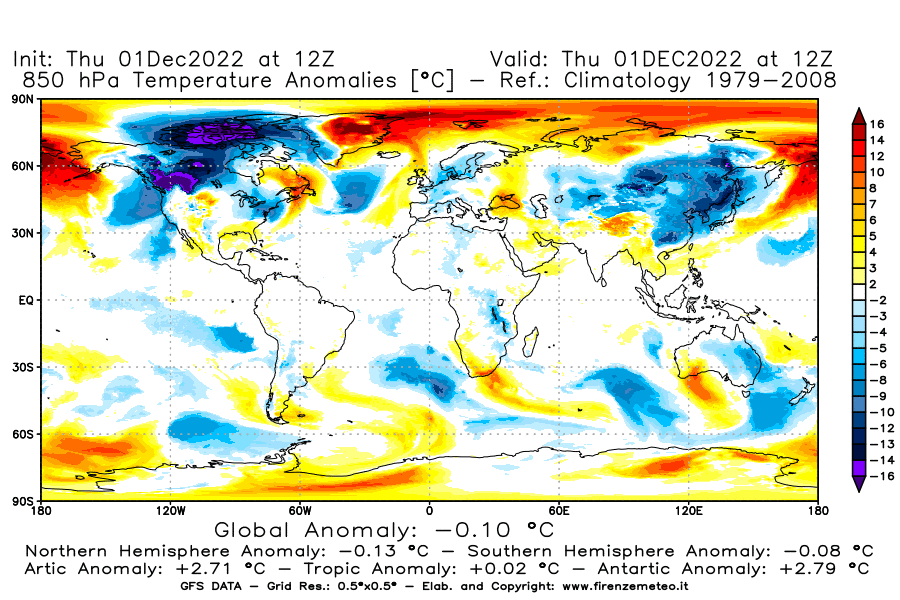 Mappa di analisi GFS - Anomalia Temperatura [°C] a 850 hPa in World
							del 01/12/2022 12 <!--googleoff: index-->UTC<!--googleon: index-->
