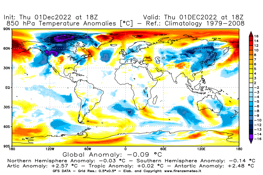 Mappa di analisi GFS - Anomalia Temperatura [°C] a 850 hPa in World
							del 01/12/2022 18 <!--googleoff: index-->UTC<!--googleon: index-->