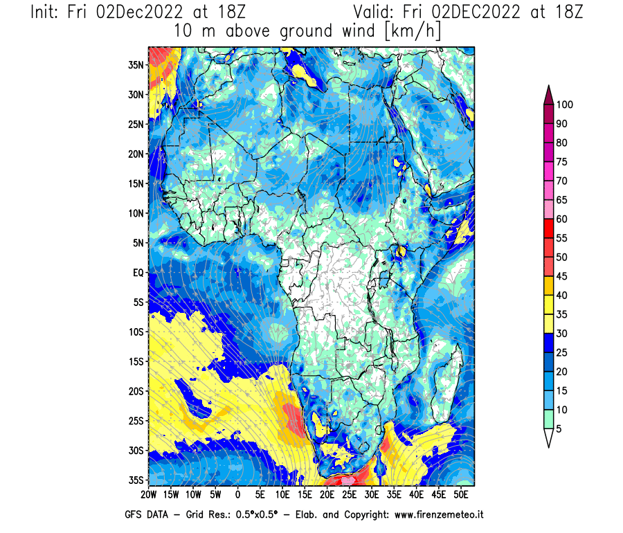 Mappa di analisi GFS - Velocità del vento a 10 metri dal suolo [km/h] in Africa
							del 02/12/2022 18 <!--googleoff: index-->UTC<!--googleon: index-->