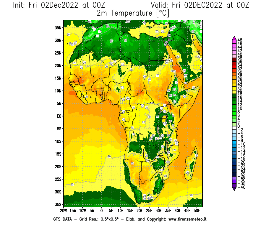 Mappa di analisi GFS - Temperatura a 2 metri dal suolo [°C] in Africa
							del 02/12/2022 00 <!--googleoff: index-->UTC<!--googleon: index-->