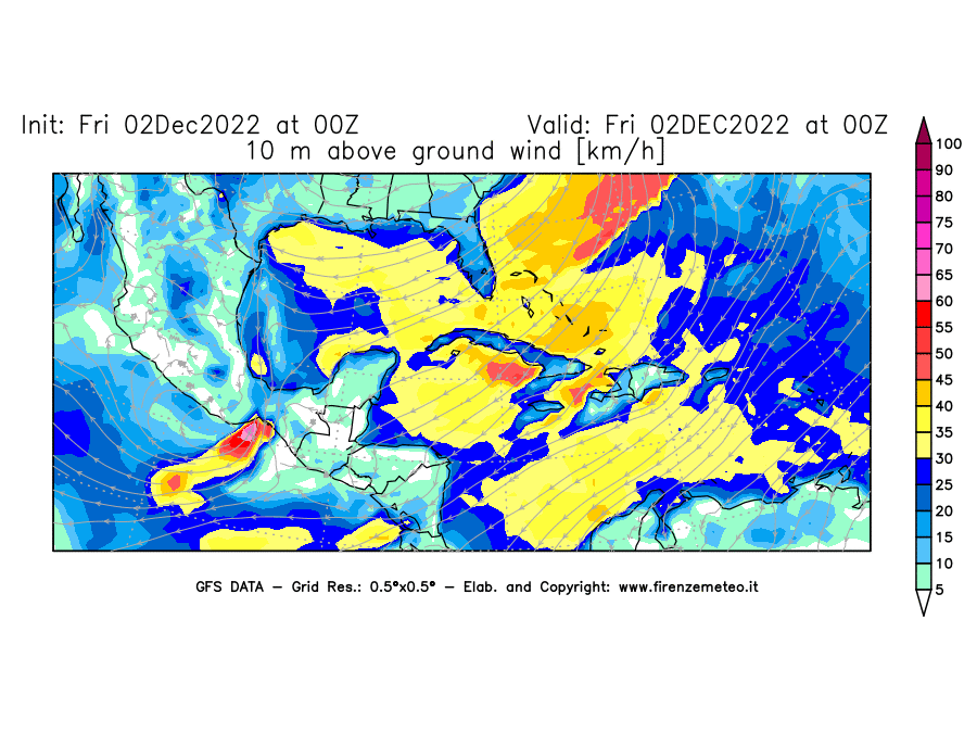 Mappa di analisi GFS - Velocità del vento a 10 metri dal suolo [km/h] in Centro-America
							del 02/12/2022 00 <!--googleoff: index-->UTC<!--googleon: index-->