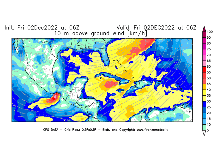 Mappa di analisi GFS - Velocità del vento a 10 metri dal suolo [km/h] in Centro-America
							del 02/12/2022 06 <!--googleoff: index-->UTC<!--googleon: index-->