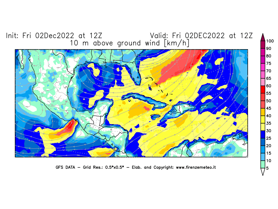 Mappa di analisi GFS - Velocità del vento a 10 metri dal suolo [km/h] in Centro-America
							del 02/12/2022 12 <!--googleoff: index-->UTC<!--googleon: index-->