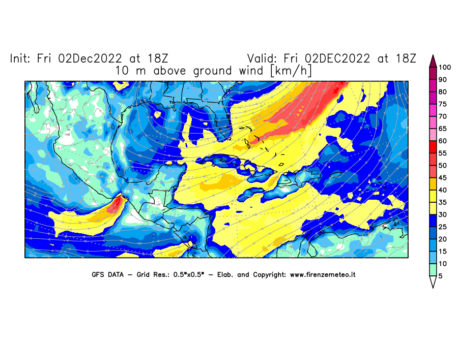 Mappa di analisi GFS - Velocità del vento a 10 metri dal suolo [km/h] in Centro-America
							del 02/12/2022 18 <!--googleoff: index-->UTC<!--googleon: index-->