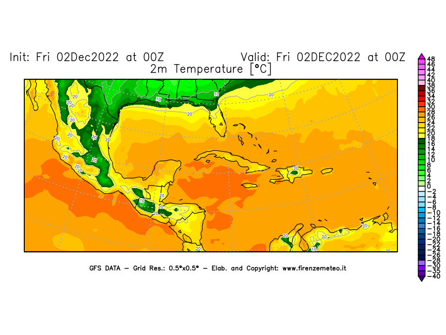 Mappa di analisi GFS - Temperatura a 2 metri dal suolo [°C] in Centro-America
							del 02/12/2022 00 <!--googleoff: index-->UTC<!--googleon: index-->