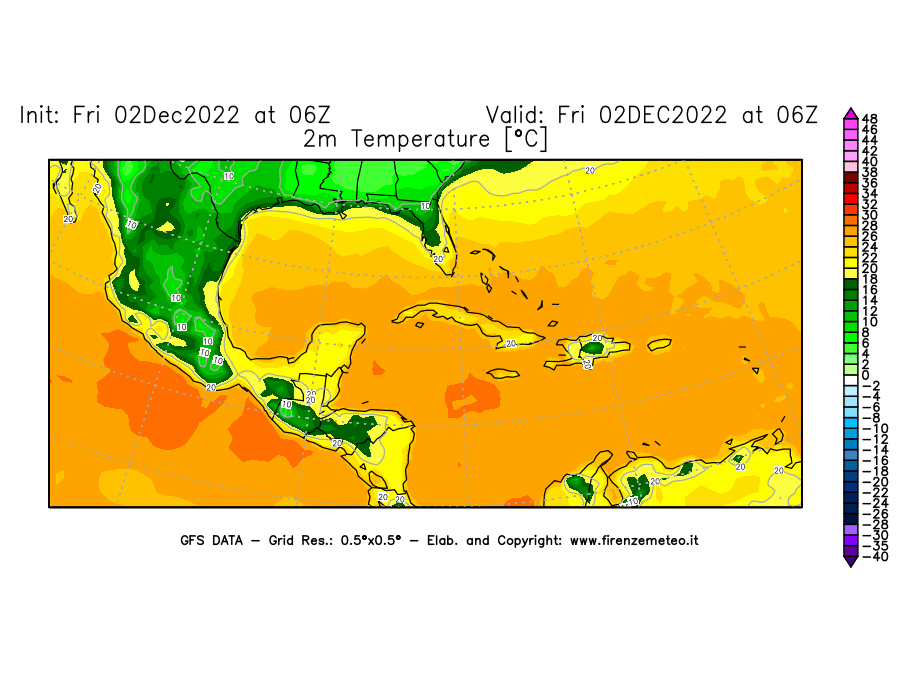Mappa di analisi GFS - Temperatura a 2 metri dal suolo [°C] in Centro-America
							del 02/12/2022 06 <!--googleoff: index-->UTC<!--googleon: index-->