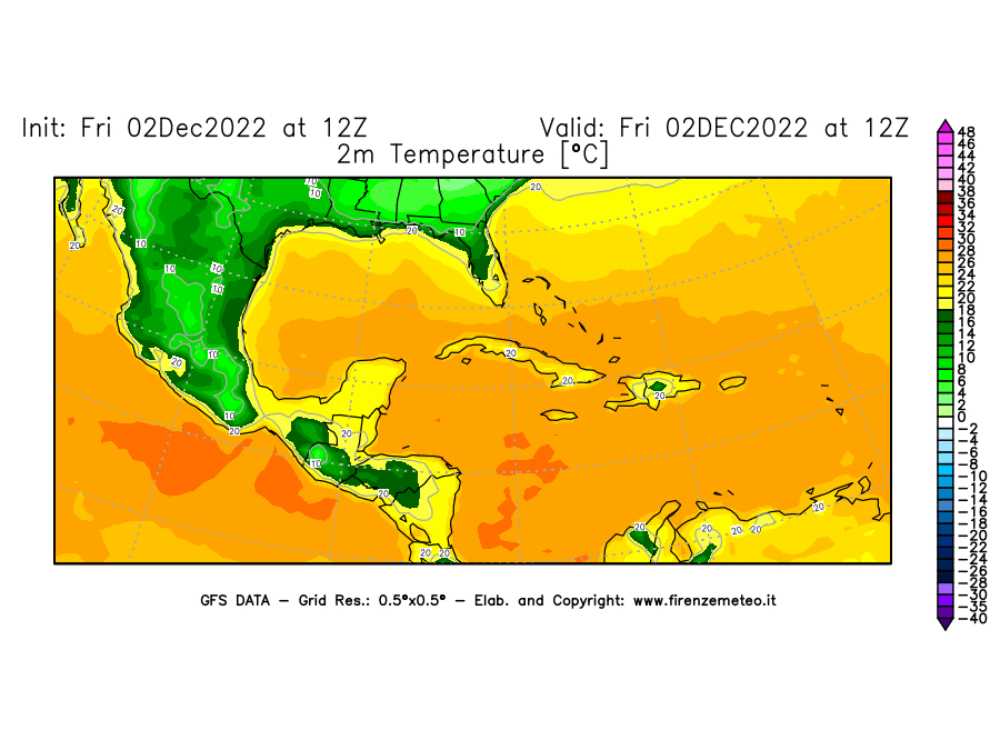 Mappa di analisi GFS - Temperatura a 2 metri dal suolo [°C] in Centro-America
							del 02/12/2022 12 <!--googleoff: index-->UTC<!--googleon: index-->