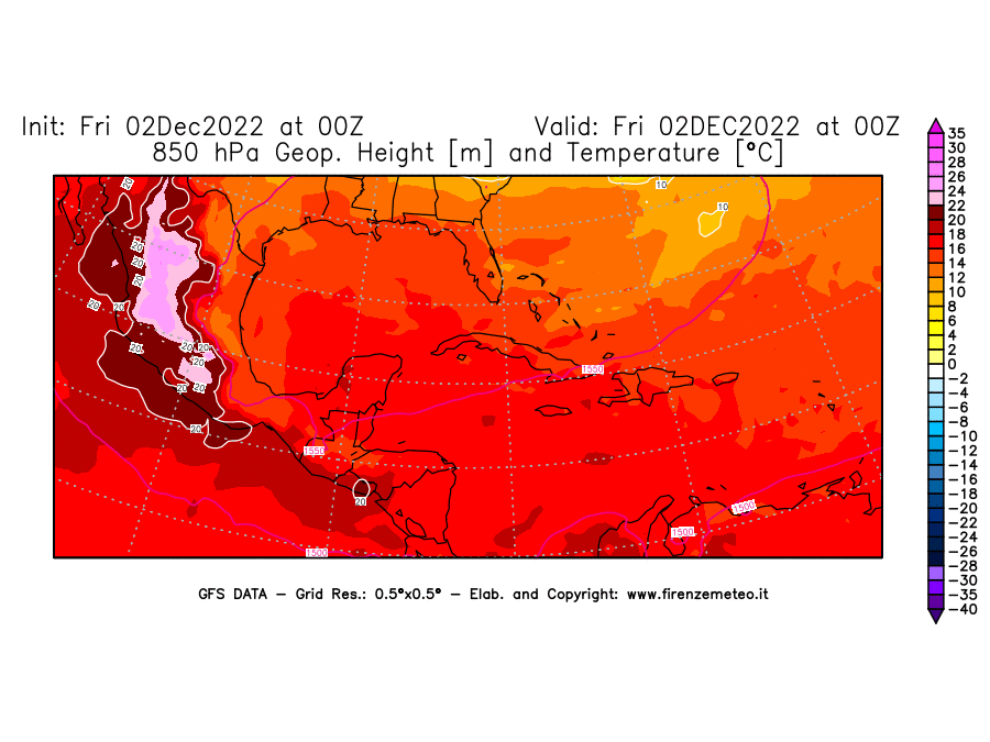 Mappa di analisi GFS - Geopotenziale [m] e Temperatura [°C] a 850 hPa in Centro-America
							del 02/12/2022 00 <!--googleoff: index-->UTC<!--googleon: index-->