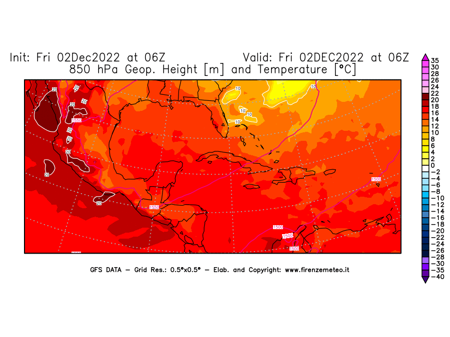 Mappa di analisi GFS - Geopotenziale [m] e Temperatura [°C] a 850 hPa in Centro-America
							del 02/12/2022 06 <!--googleoff: index-->UTC<!--googleon: index-->