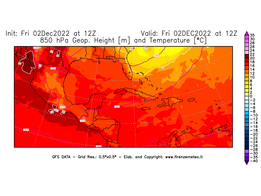 Mappa di analisi GFS - Geopotenziale [m] e Temperatura [°C] a 850 hPa in Centro-America
							del 02/12/2022 12 <!--googleoff: index-->UTC<!--googleon: index-->