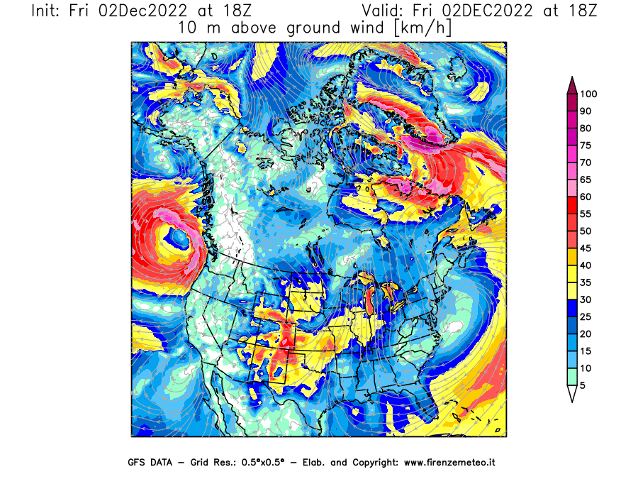 Mappa di analisi GFS - Velocità del vento a 10 metri dal suolo [km/h] in Nord-America
							del 02/12/2022 18 <!--googleoff: index-->UTC<!--googleon: index-->
