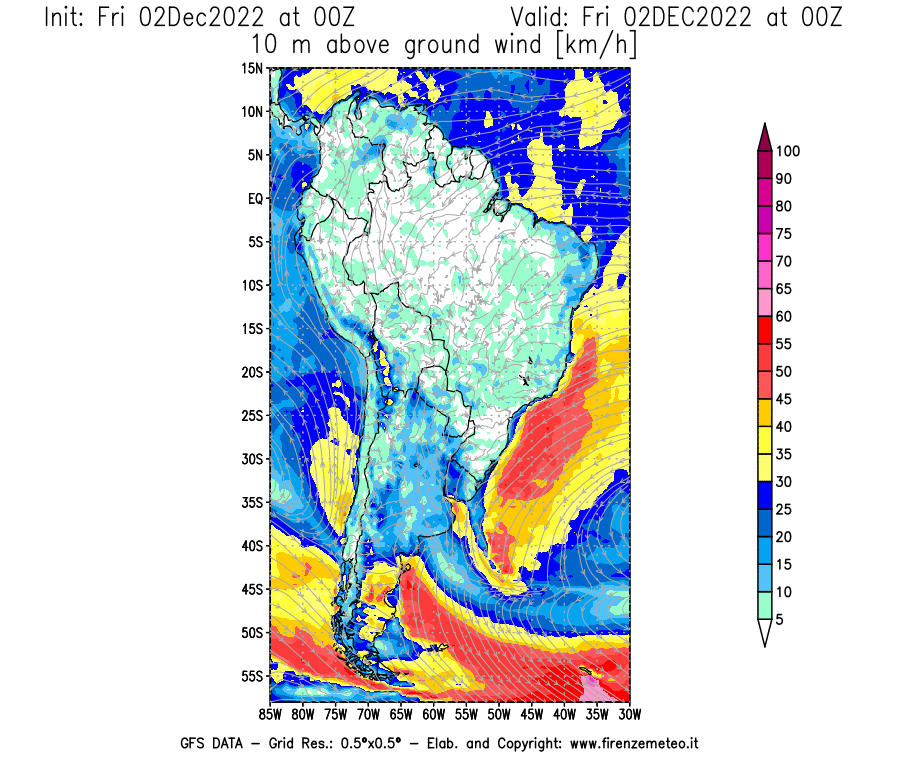 Mappa di analisi GFS - Velocità del vento a 10 metri dal suolo [km/h] in Sud-America
							del 02/12/2022 00 <!--googleoff: index-->UTC<!--googleon: index-->