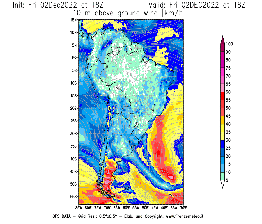 Mappa di analisi GFS - Velocità del vento a 10 metri dal suolo [km/h] in Sud-America
							del 02/12/2022 18 <!--googleoff: index-->UTC<!--googleon: index-->