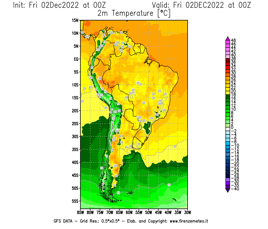 Mappa di analisi GFS - Temperatura a 2 metri dal suolo [°C] in Sud-America
							del 02/12/2022 00 <!--googleoff: index-->UTC<!--googleon: index-->