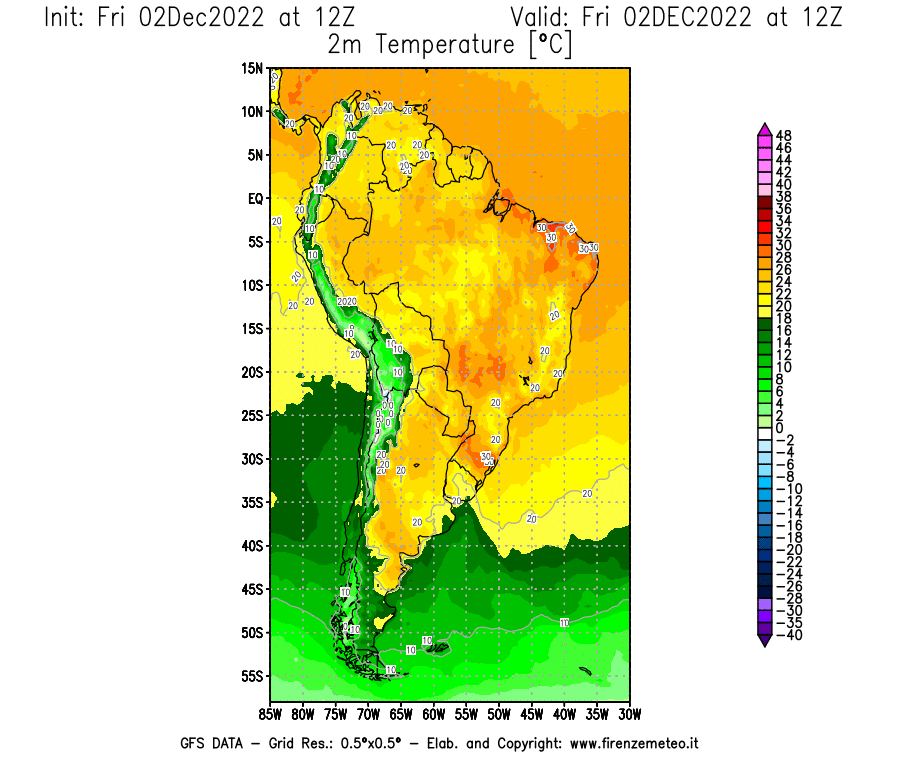 Mappa di analisi GFS - Temperatura a 2 metri dal suolo [°C] in Sud-America
							del 02/12/2022 12 <!--googleoff: index-->UTC<!--googleon: index-->