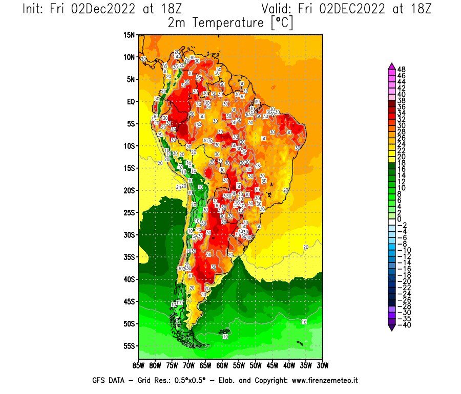 Mappa di analisi GFS - Temperatura a 2 metri dal suolo [°C] in Sud-America
							del 02/12/2022 18 <!--googleoff: index-->UTC<!--googleon: index-->
