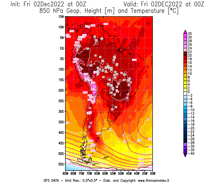 Mappa di analisi GFS - Geopotenziale [m] e Temperatura [°C] a 850 hPa in Sud-America
							del 02/12/2022 00 <!--googleoff: index-->UTC<!--googleon: index-->