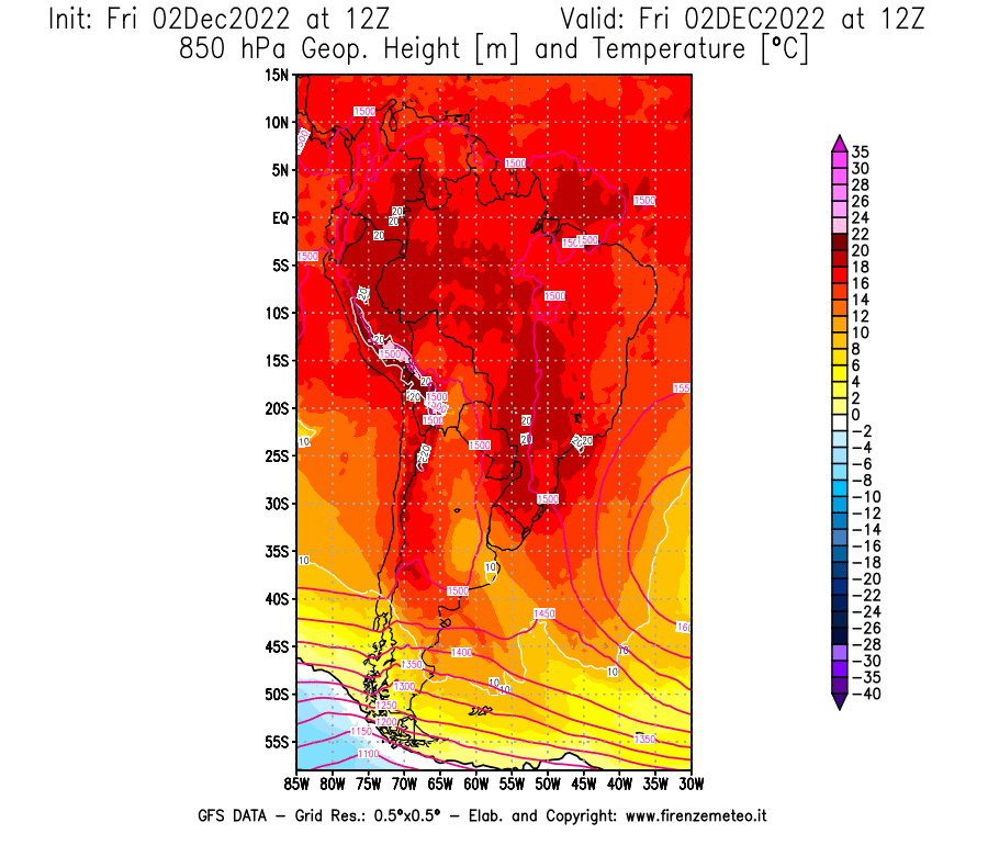 Mappa di analisi GFS - Geopotenziale [m] e Temperatura [°C] a 850 hPa in Sud-America
							del 02/12/2022 12 <!--googleoff: index-->UTC<!--googleon: index-->