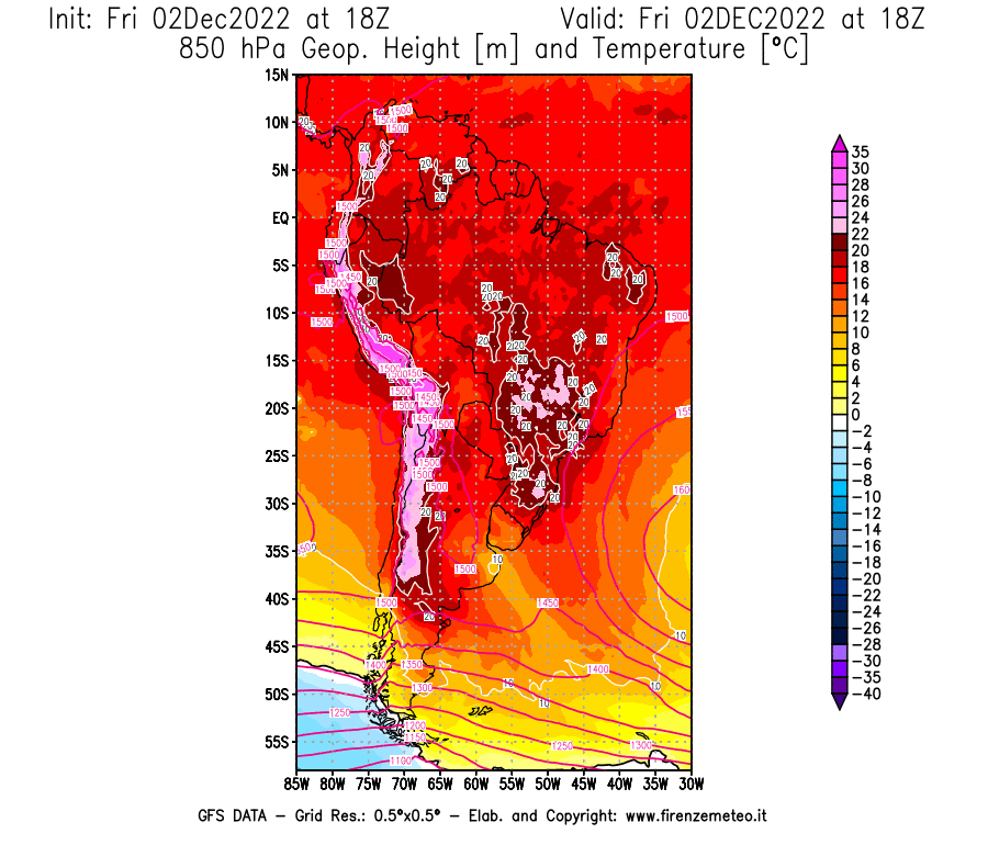 Mappa di analisi GFS - Geopotenziale [m] e Temperatura [°C] a 850 hPa in Sud-America
							del 02/12/2022 18 <!--googleoff: index-->UTC<!--googleon: index-->
