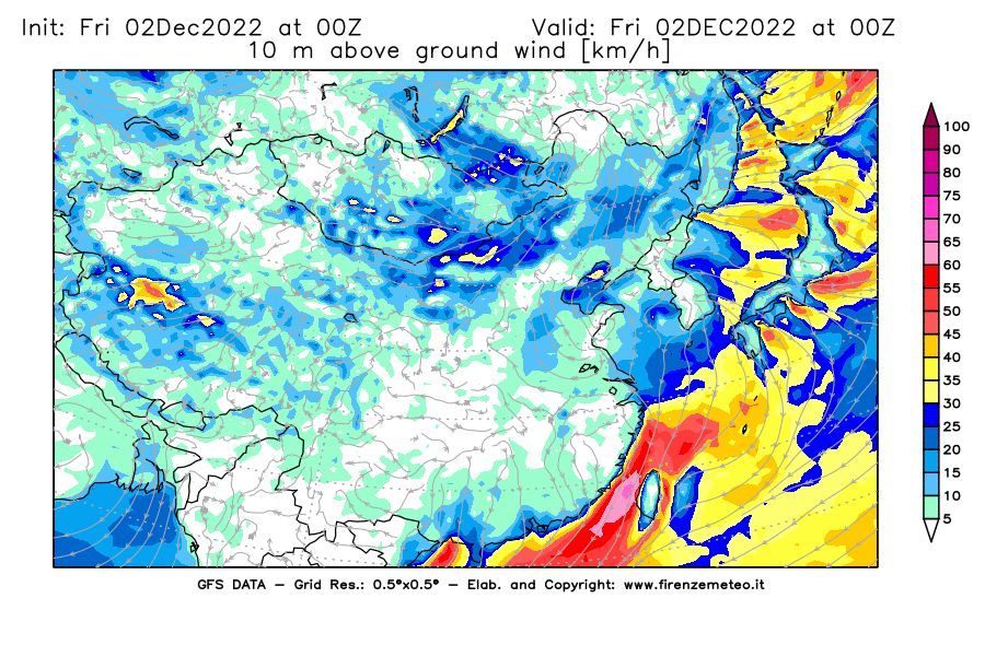 Mappa di analisi GFS - Velocità del vento a 10 metri dal suolo [km/h] in Asia Orientale
							del 02/12/2022 00 <!--googleoff: index-->UTC<!--googleon: index-->