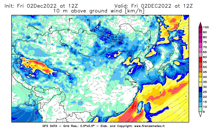 Mappa di analisi GFS - Velocità del vento a 10 metri dal suolo [km/h] in Asia Orientale
							del 02/12/2022 12 <!--googleoff: index-->UTC<!--googleon: index-->