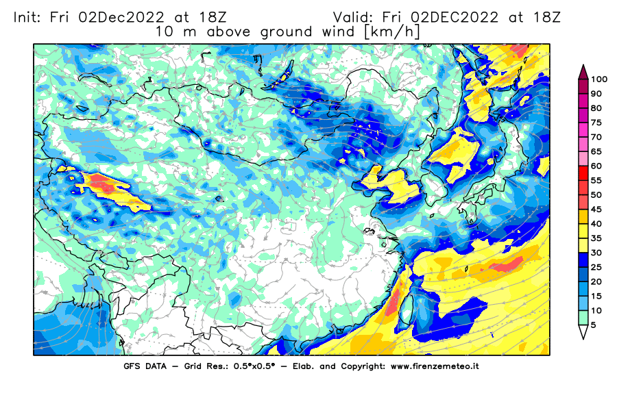 Mappa di analisi GFS - Velocità del vento a 10 metri dal suolo [km/h] in Asia Orientale
							del 02/12/2022 18 <!--googleoff: index-->UTC<!--googleon: index-->