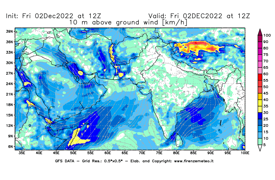 Mappa di analisi GFS - Velocità del vento a 10 metri dal suolo [km/h] in Asia Sud-Occidentale
							del 02/12/2022 12 <!--googleoff: index-->UTC<!--googleon: index-->