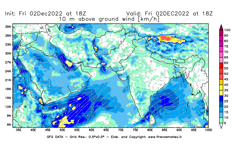 Mappa di analisi GFS - Velocità del vento a 10 metri dal suolo [km/h] in Asia Sud-Occidentale
							del 02/12/2022 18 <!--googleoff: index-->UTC<!--googleon: index-->